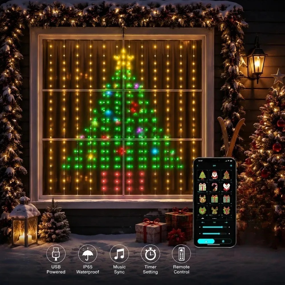 Smart Home Diy - LED-Pixel-Lichtvorhang mit Bluetooth-App-Steuerung, RGB-Smart-Lichterkette, DIY-Fensterdekoration für